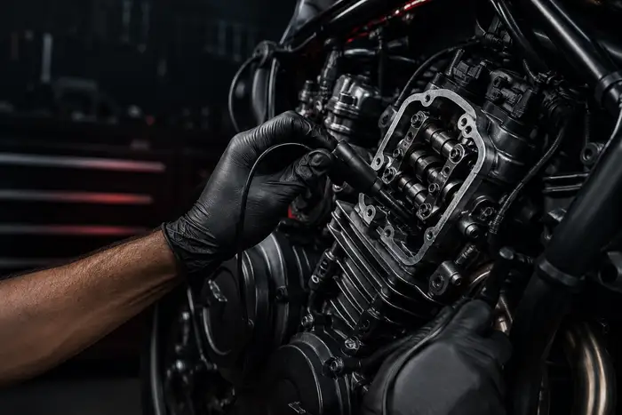 Profissional da Moto Mania com equipamento de diagnóstico de motocicletas